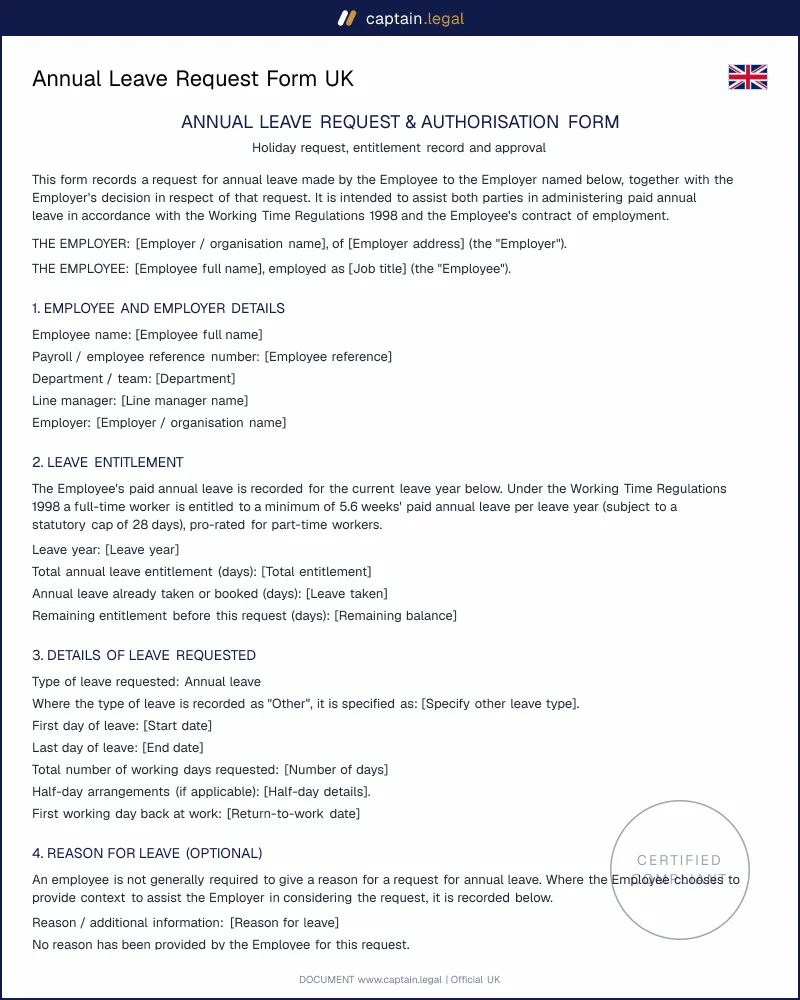 Annual Leave Request Form UK — WTR 1998 Compliant