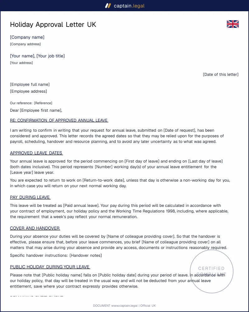 Holiday Approval Letter UK — Confirm Booked Leave