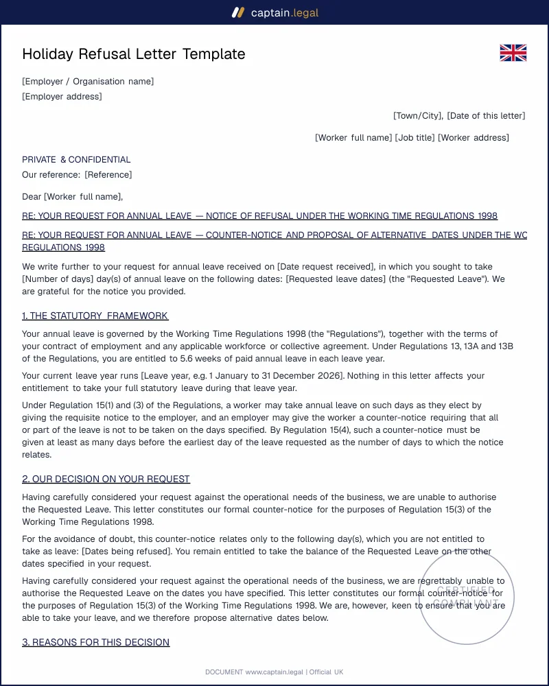 Holiday Refusal Letter Template UK | Reject Leave Request