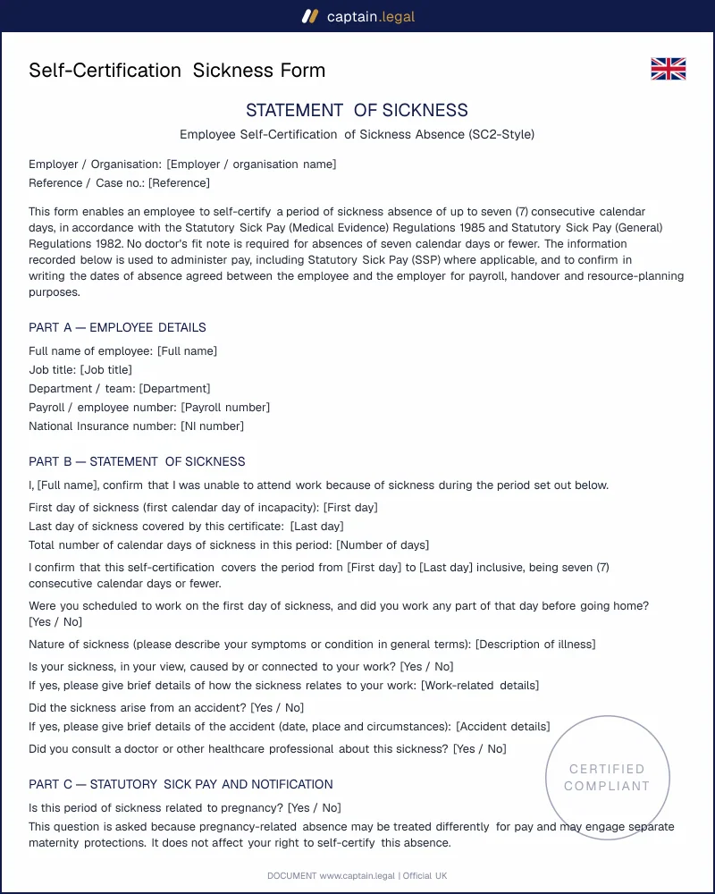Self-Certification Sickness Form UK | SC2-Style Template (Word, PDF)