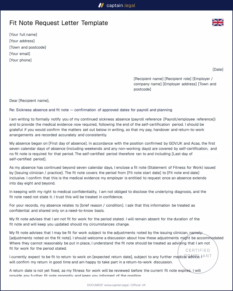 Fit Note Request Letter Template UK | Employer to Staff