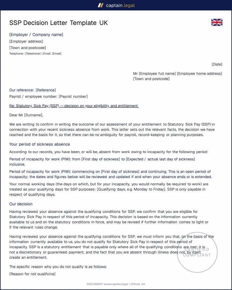 Statutory Sick Pay Decision Letter UK | Word & PDF Template