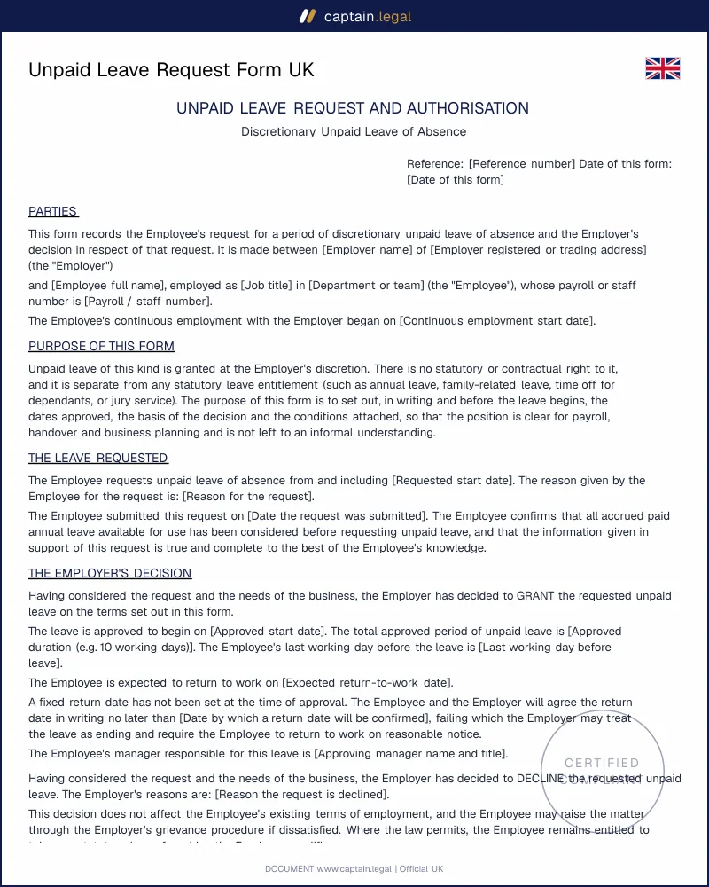 UK Unpaid Leave Request Form | Word & PDF Template