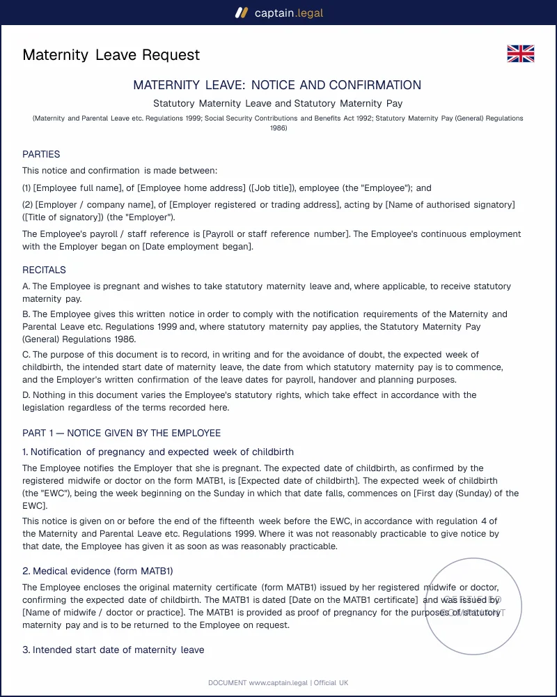 UK Maternity Leave Request Form | Statutory Notice Template