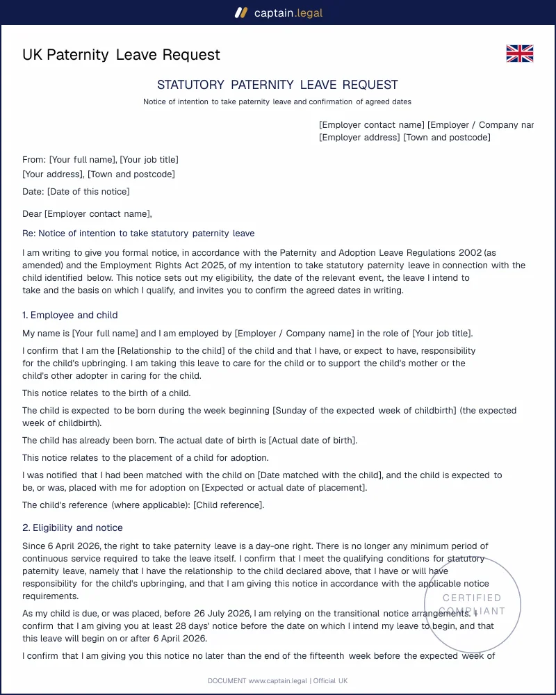 UK Paternity Leave Request Form | 2 Weeks, Split or Single