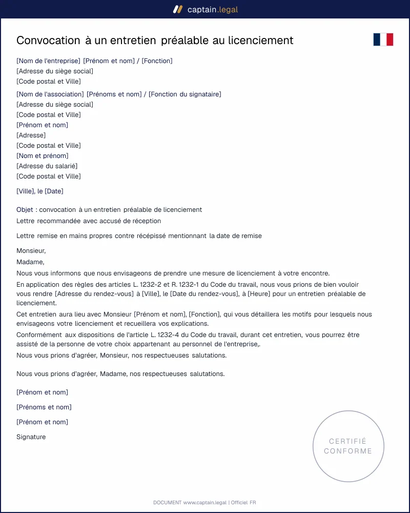 Convocation à un entretien préalable au licenciement