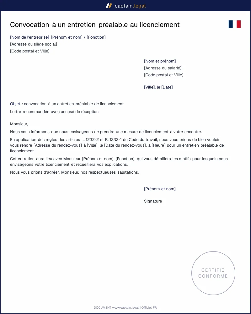 Convocation à un entretien préalable au licenciement