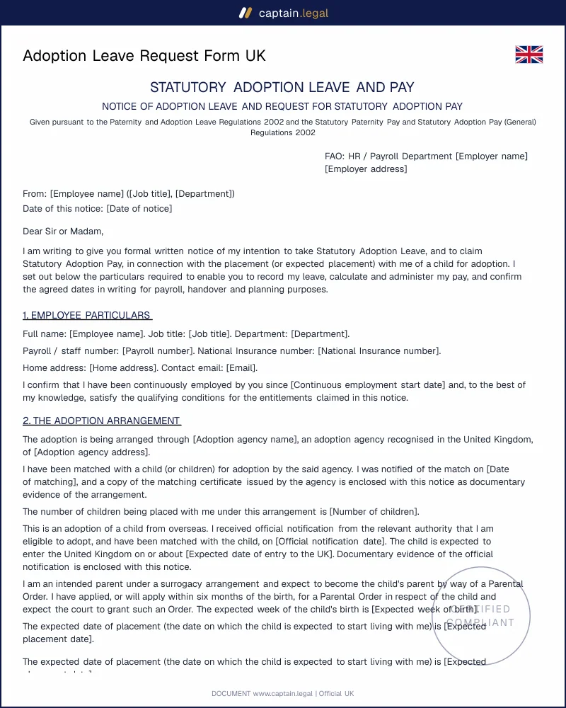 Statutory Adoption Leave Request Form UK | Lawyer-Reviewed Template