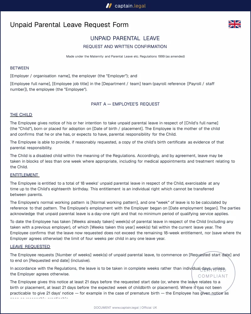 UK Unpaid Parental Leave Form | Track Weeks & Confirm Dates