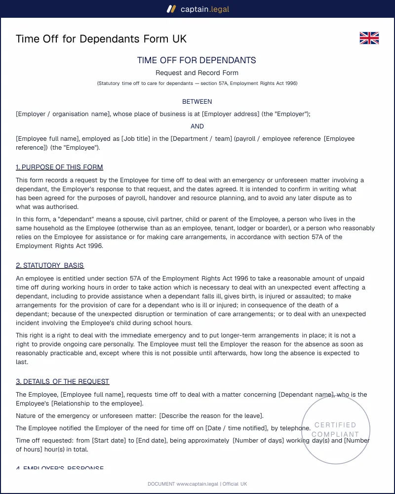 Dependants Leave Form UK | s.57A ERA 1996 Compliant