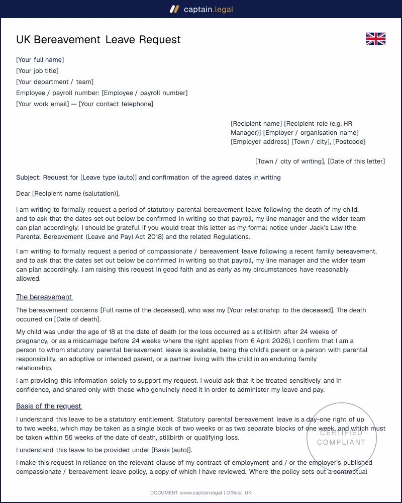 UK Bereavement Leave Request Template (Word & PDF)