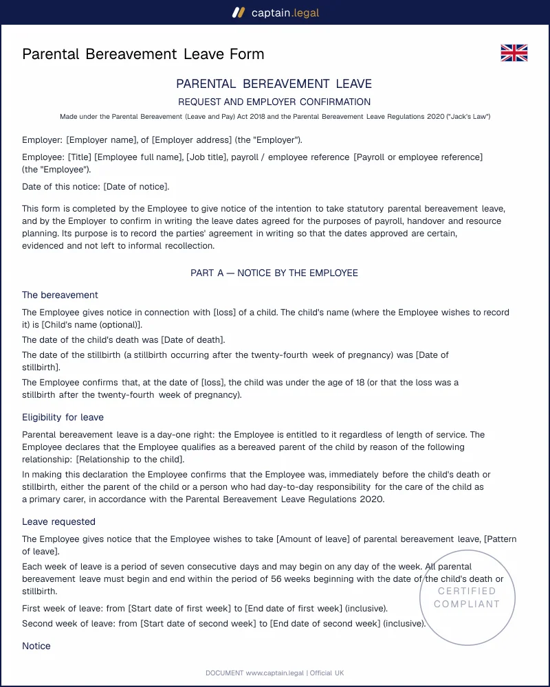 UK Parental Bereavement Leave Form | 2 Weeks Statutory