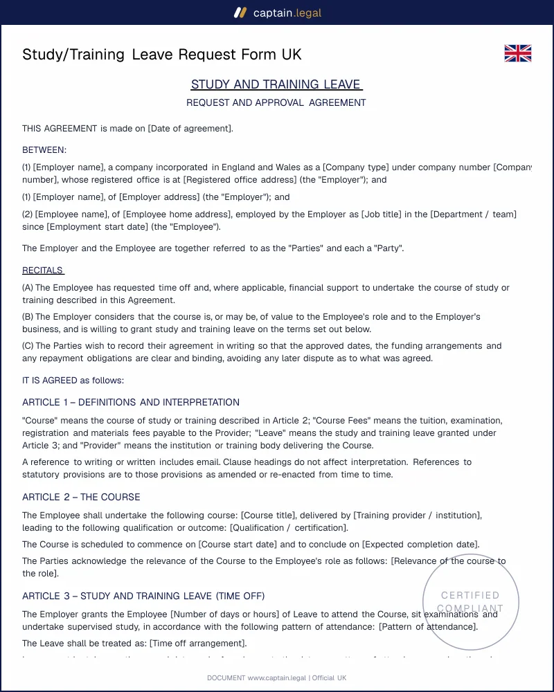 UK Study Leave Request Form | Fees & Repayment Clause