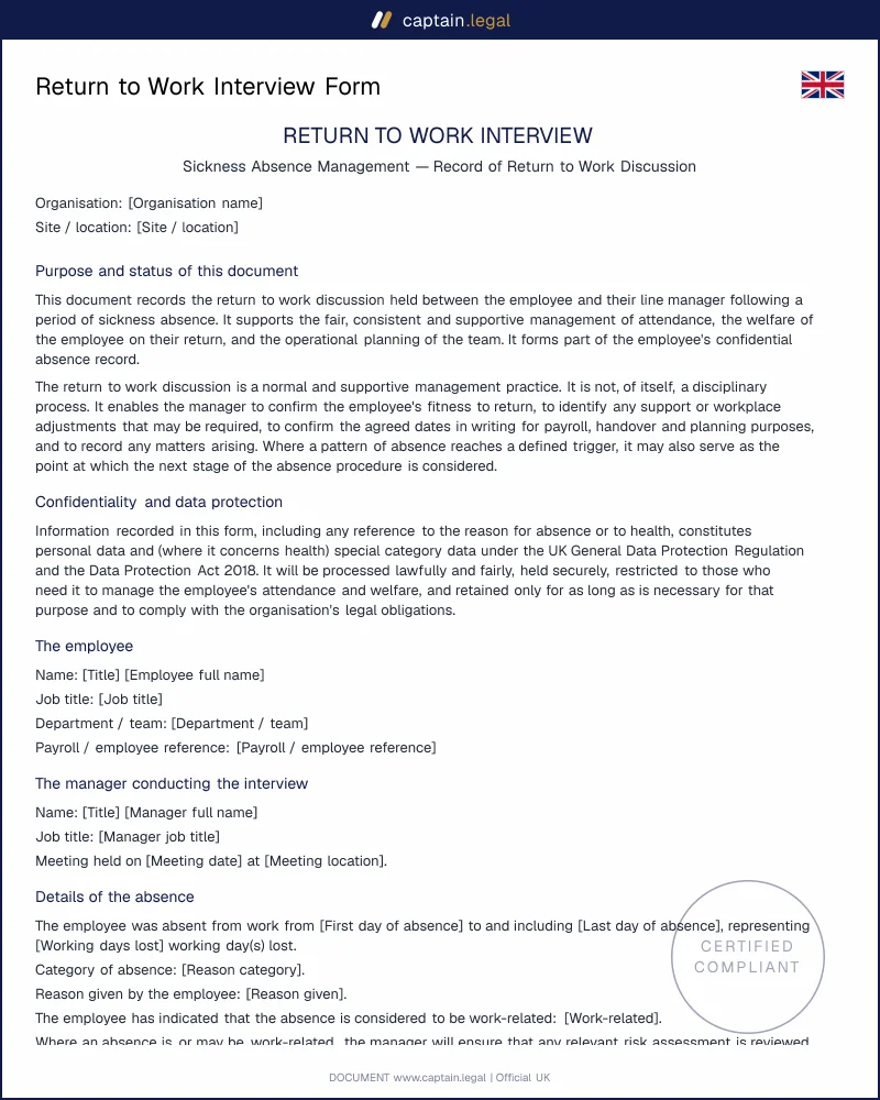 Return to Work Interview Form UK — Word & PDF Template