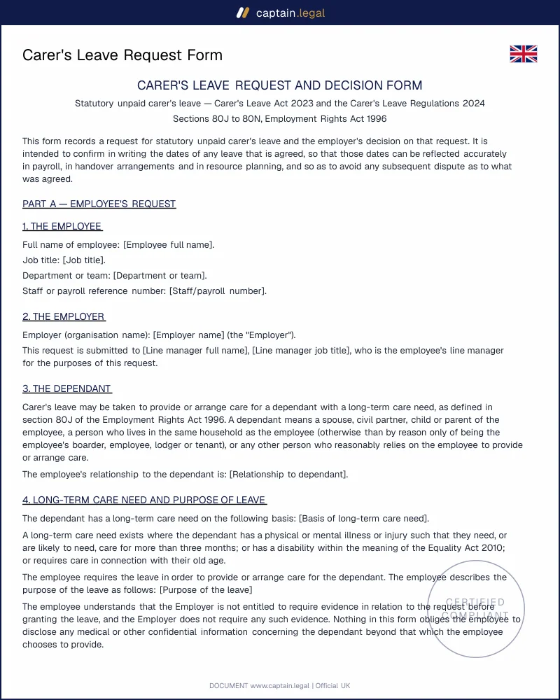 Carer's Leave Request Form UK | Eligibility & Notice