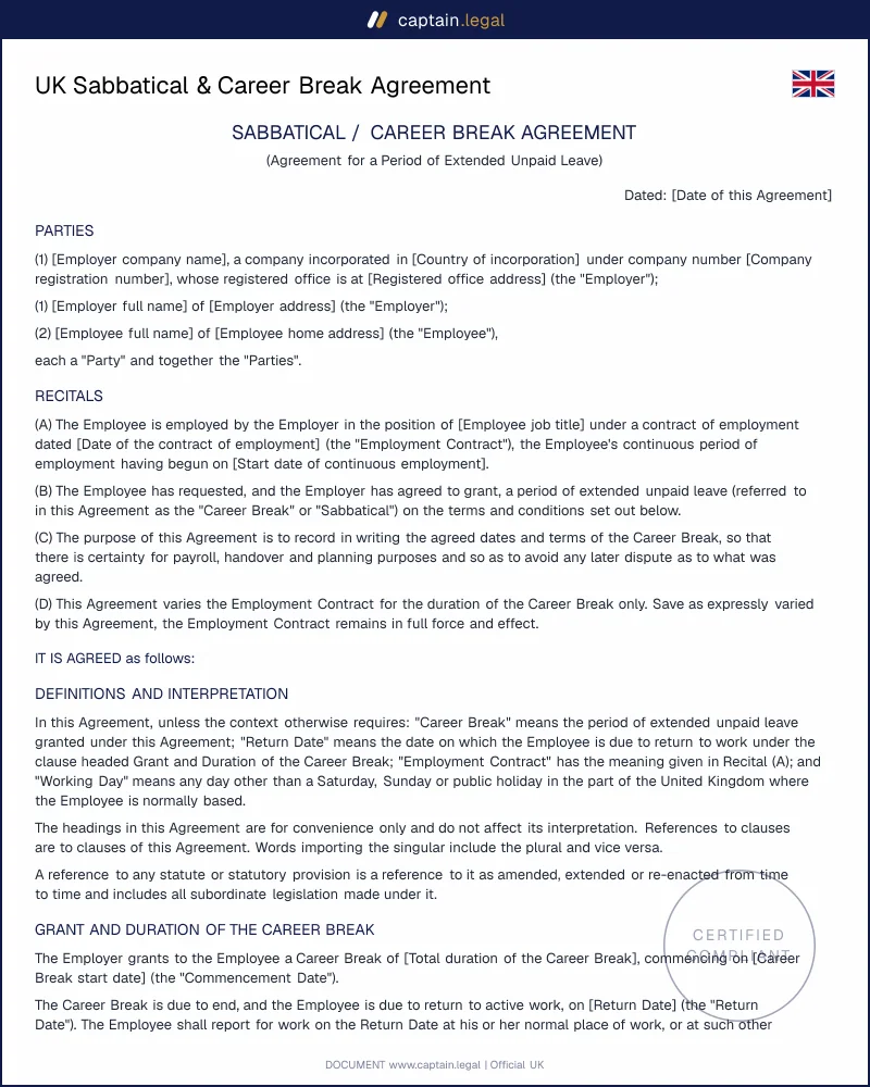 Sabbatical Agreement Template UK | Career Break Contract