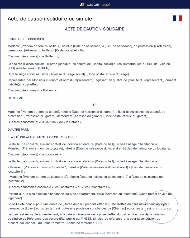 Modèle d'acte de caution solidaire (ou simple)