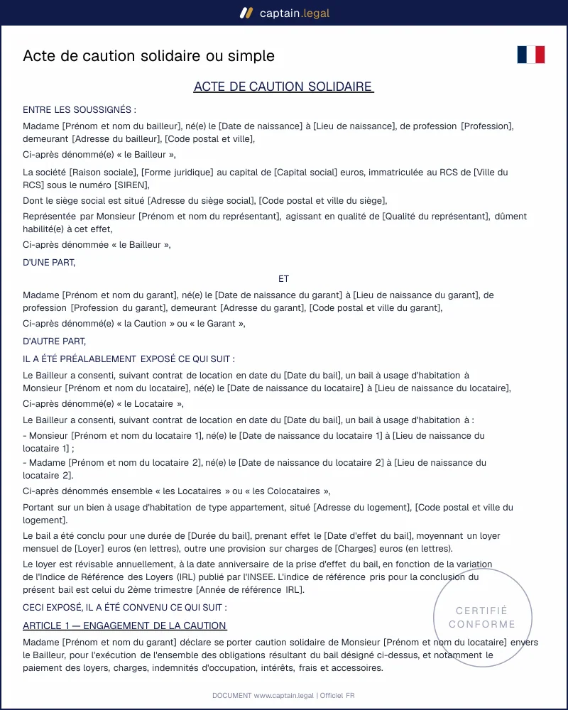 Modèle d'acte de caution solidaire (ou simple)