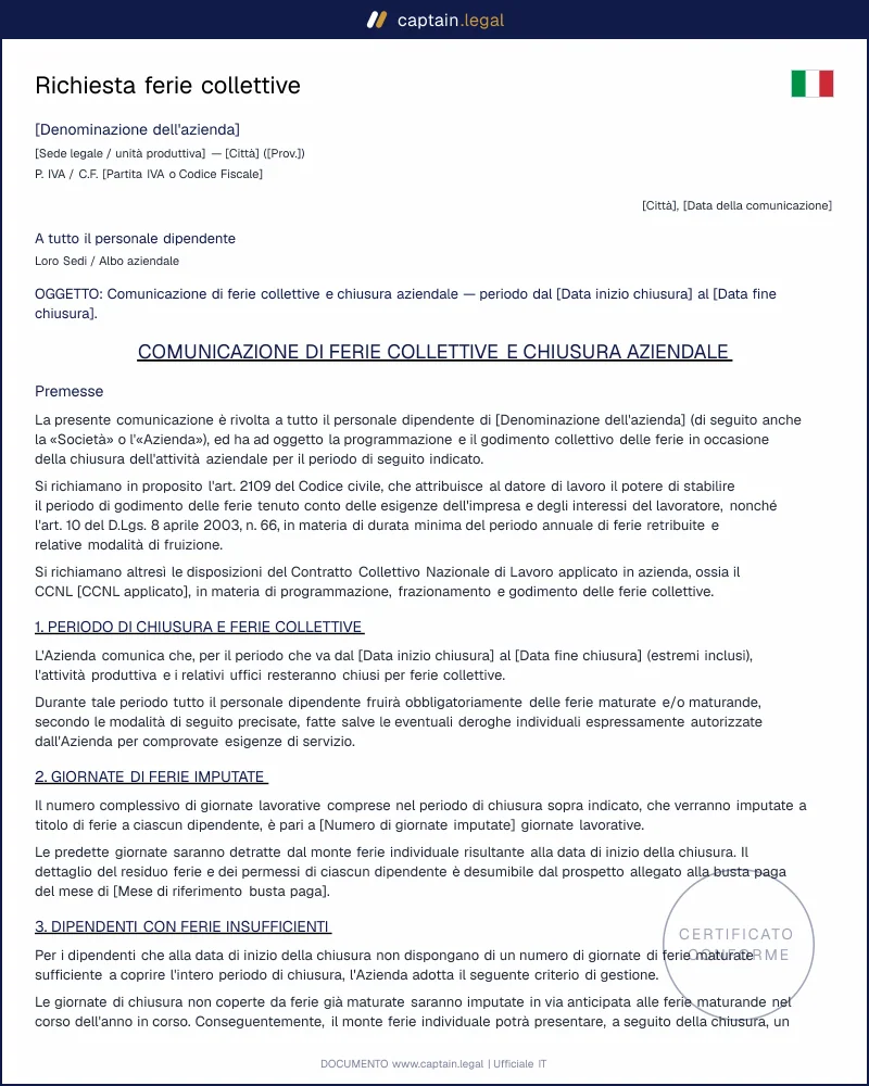 Modello ferie collettive e chiusura aziendale conforme al CCNL