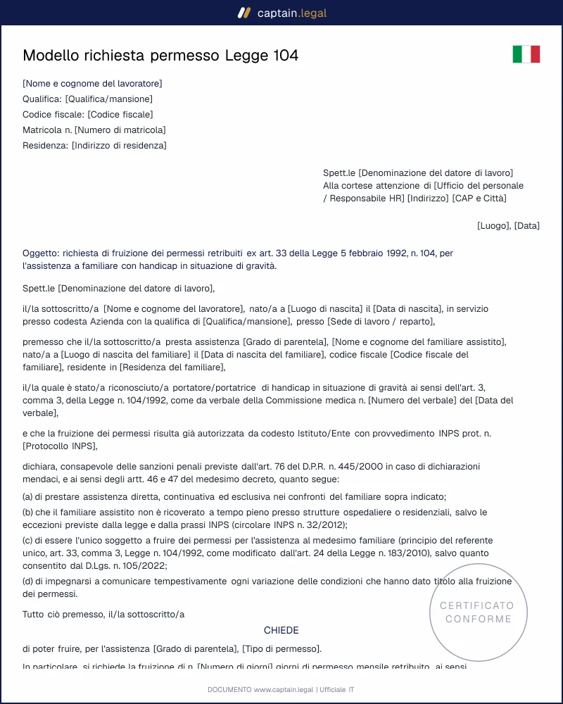 Richiesta permesso Legge 104: modello conforme INPS