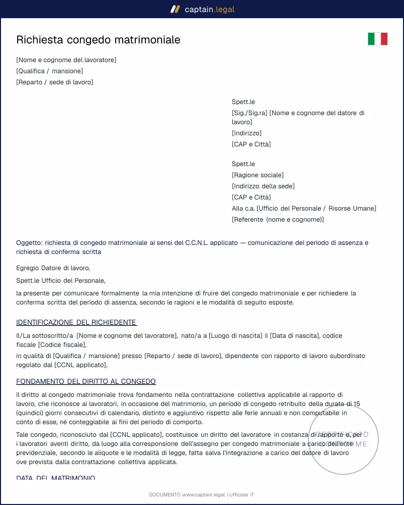 Modello richiesta congedo matrimoniale conforme al CCNL