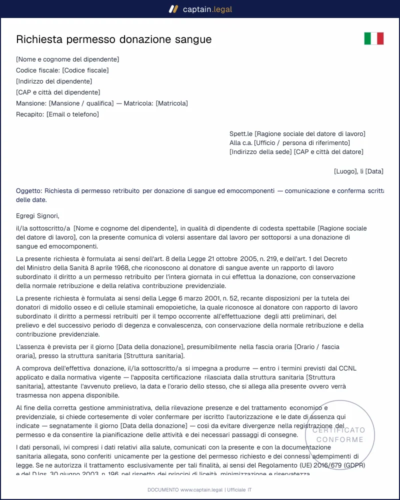 Permesso donazione sangue e midollo: modello pronto