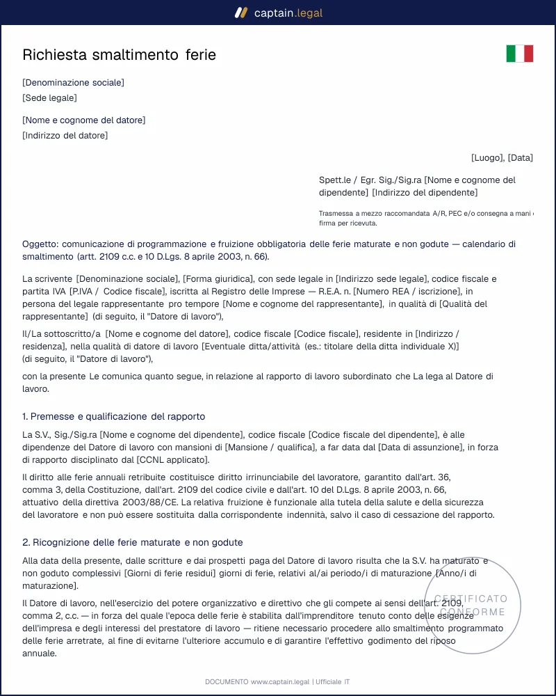 Smaltimento ferie arretrate: modello piano di rientro