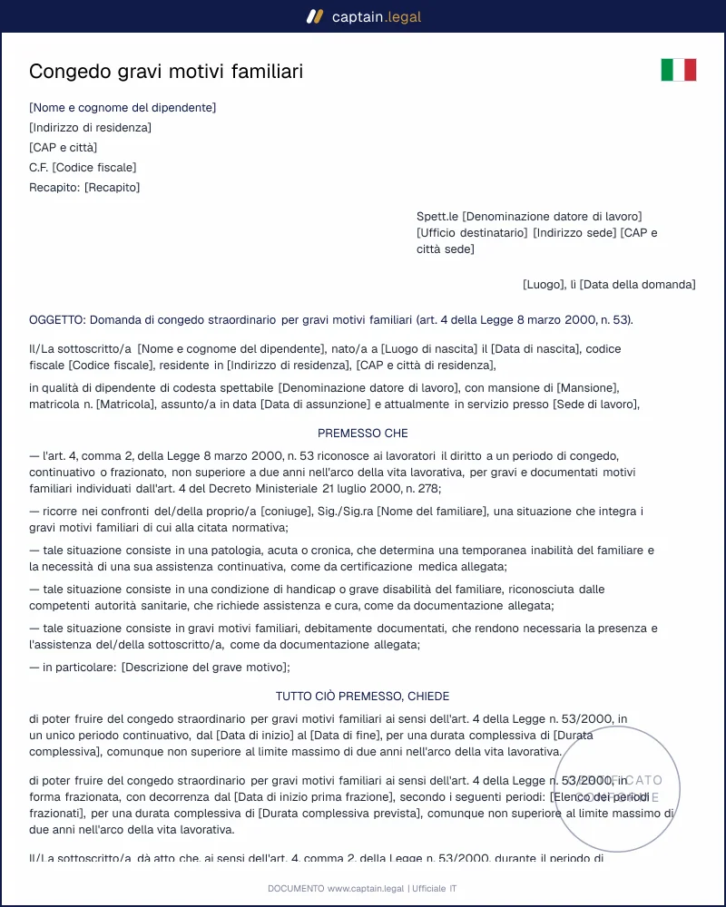 Richiesta congedo gravi motivi familiari: modello pronto da firmare