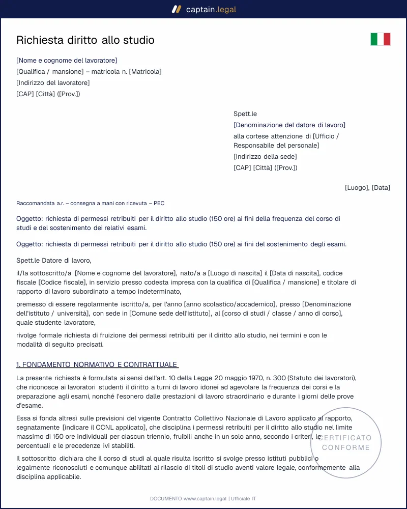 Modello richiesta 150 ore: permessi diritto allo studio