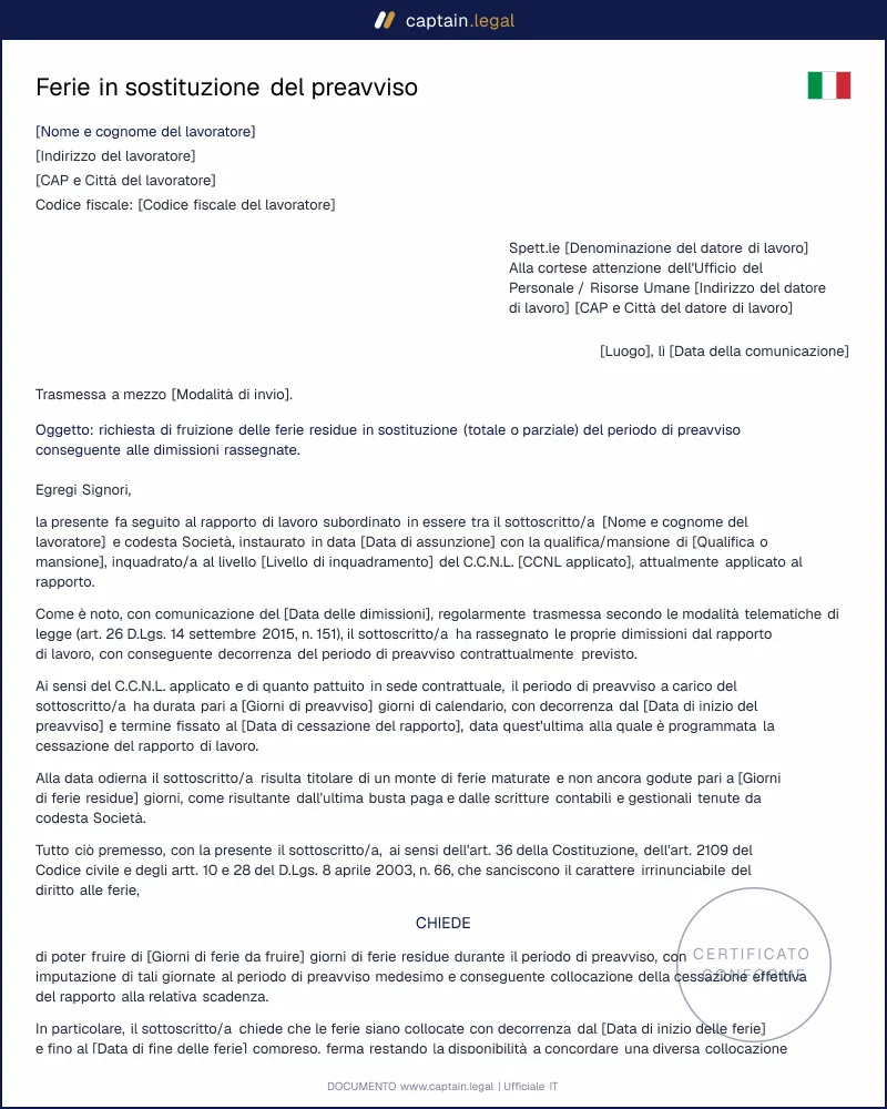 Ferie durante il preavviso di dimissioni: modello pronto