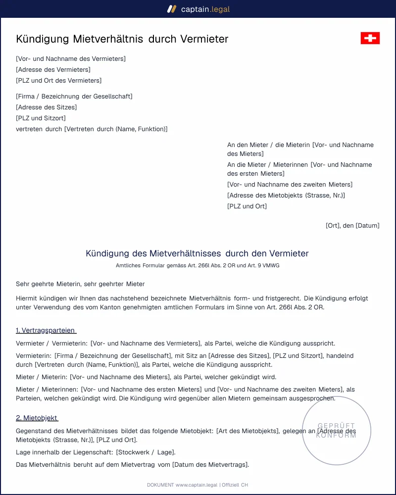 Vermieterkündigung Vorlage | Amtliches Formular OR