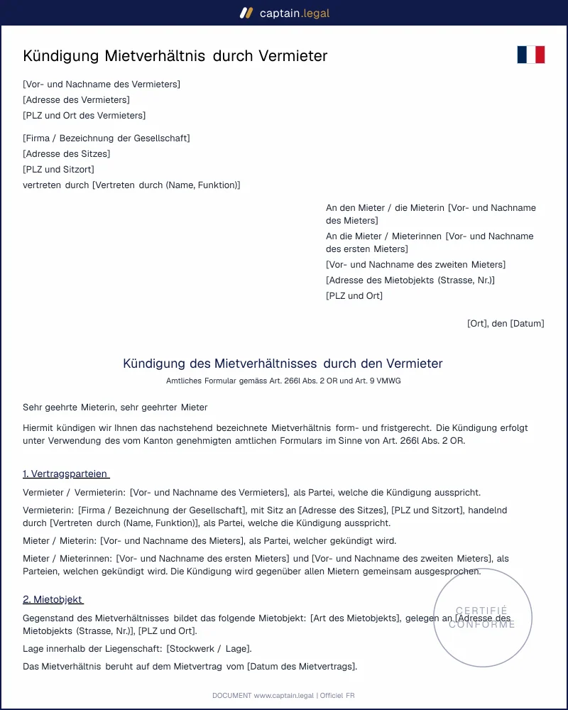 Vermieterkündigung Vorlage | Amtliches Formular OR