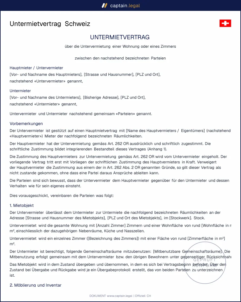 Untermietvertrag Muster: rechtssicher nach art. 262 OR
