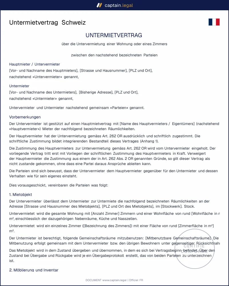 Untermietvertrag Muster: rechtssicher nach art. 262 OR