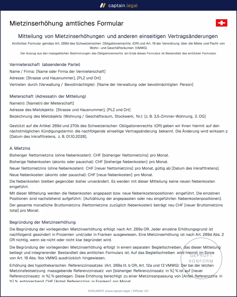 Mietzinserhöhung Formular: korrekt nach Art. 269d OR mitteilen