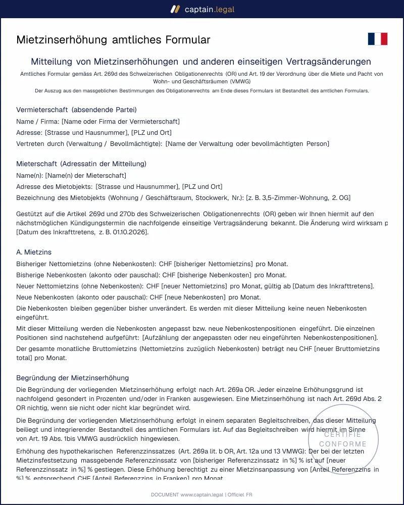 Mietzinserhöhung Formular: korrekt nach Art. 269d OR mitteilen