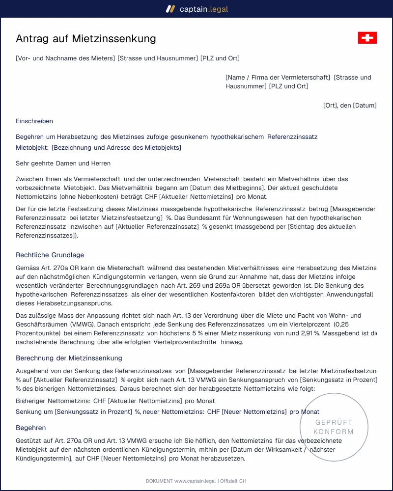 Mietzinssenkung beantragen: Musterbrief & Berechnung
