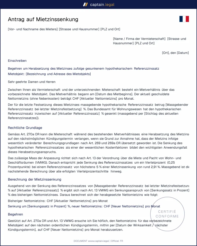 Mietzinssenkung beantragen: Musterbrief & Berechnung