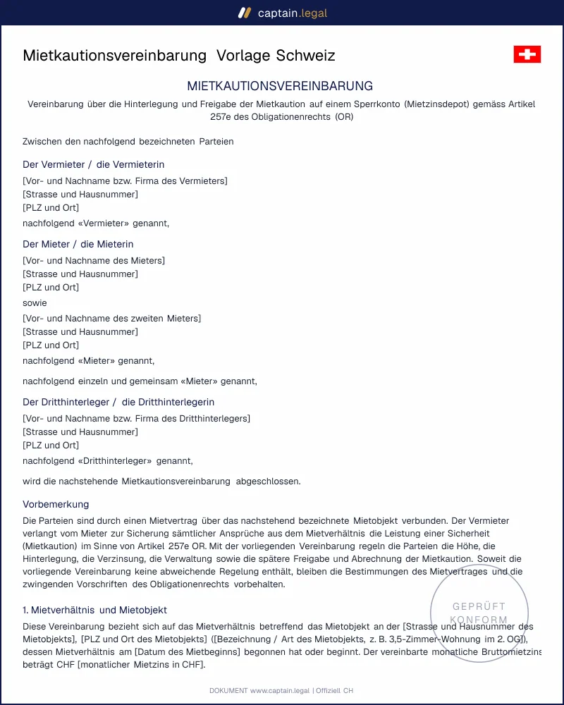 Mietkautionsvereinbarung nach OR | Sperrkonto & Freigabe