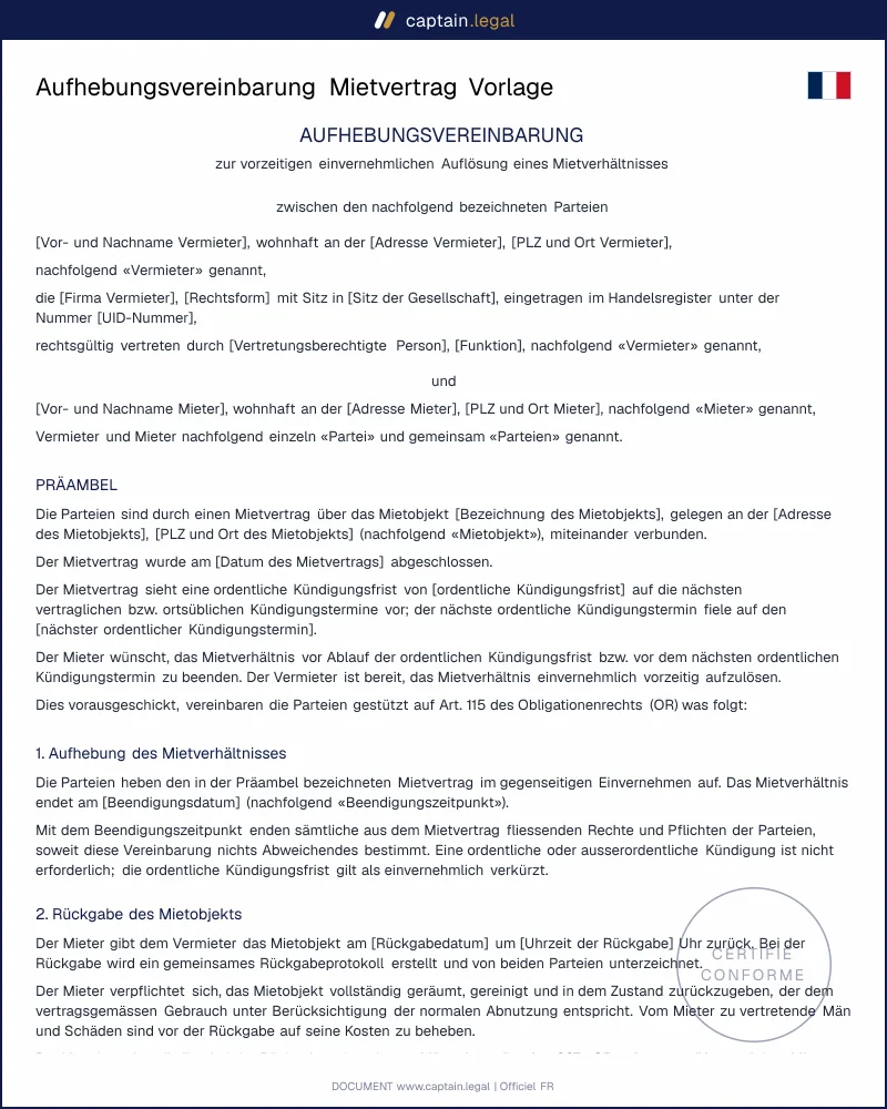 Aufhebungsvereinbarung Mietvertrag nach OR erstellen