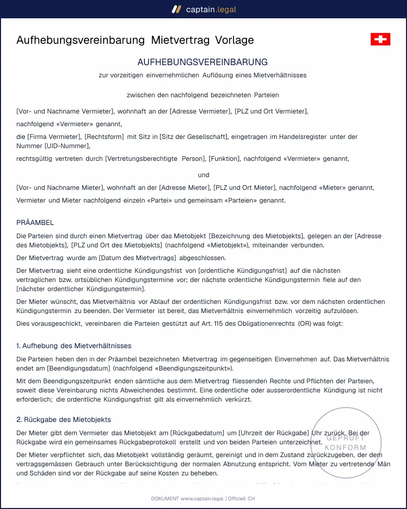 Aufhebungsvereinbarung Mietvertrag nach OR erstellen