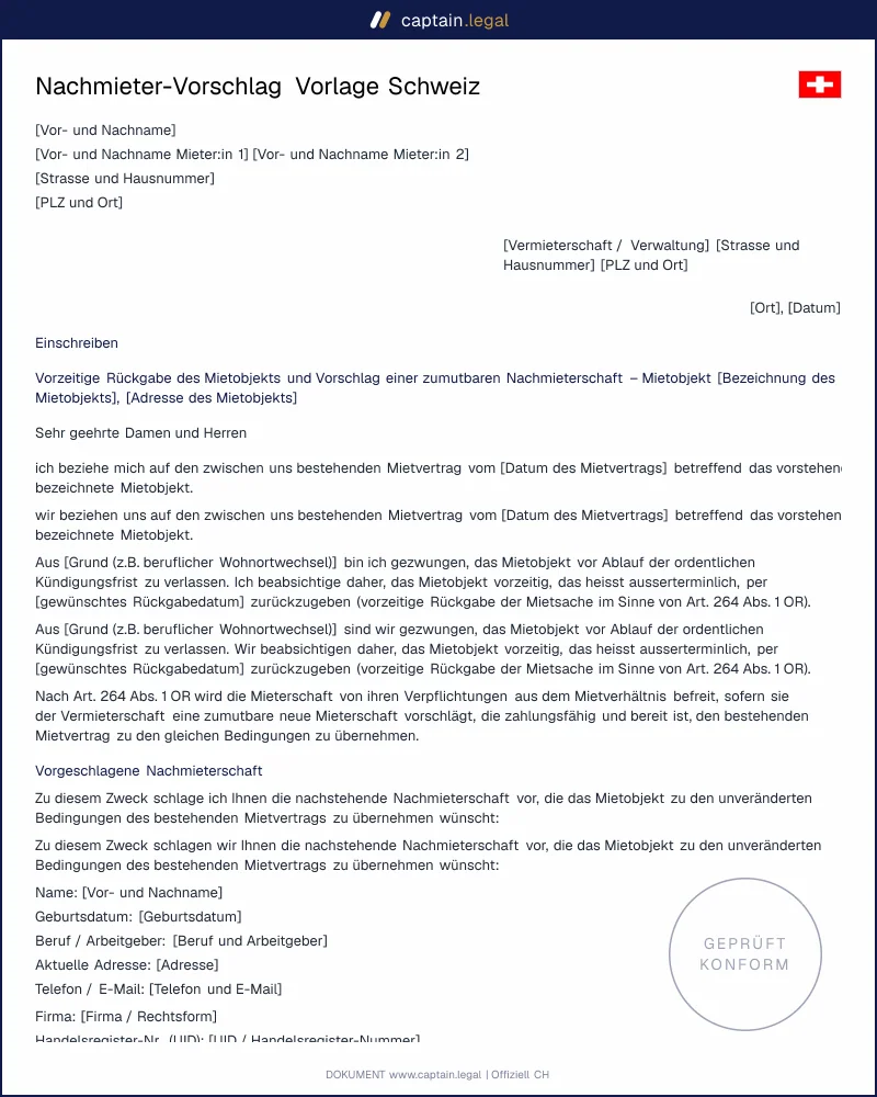 Nachmieter-Vorschlag: vorzeitig aus dem Mietvertrag