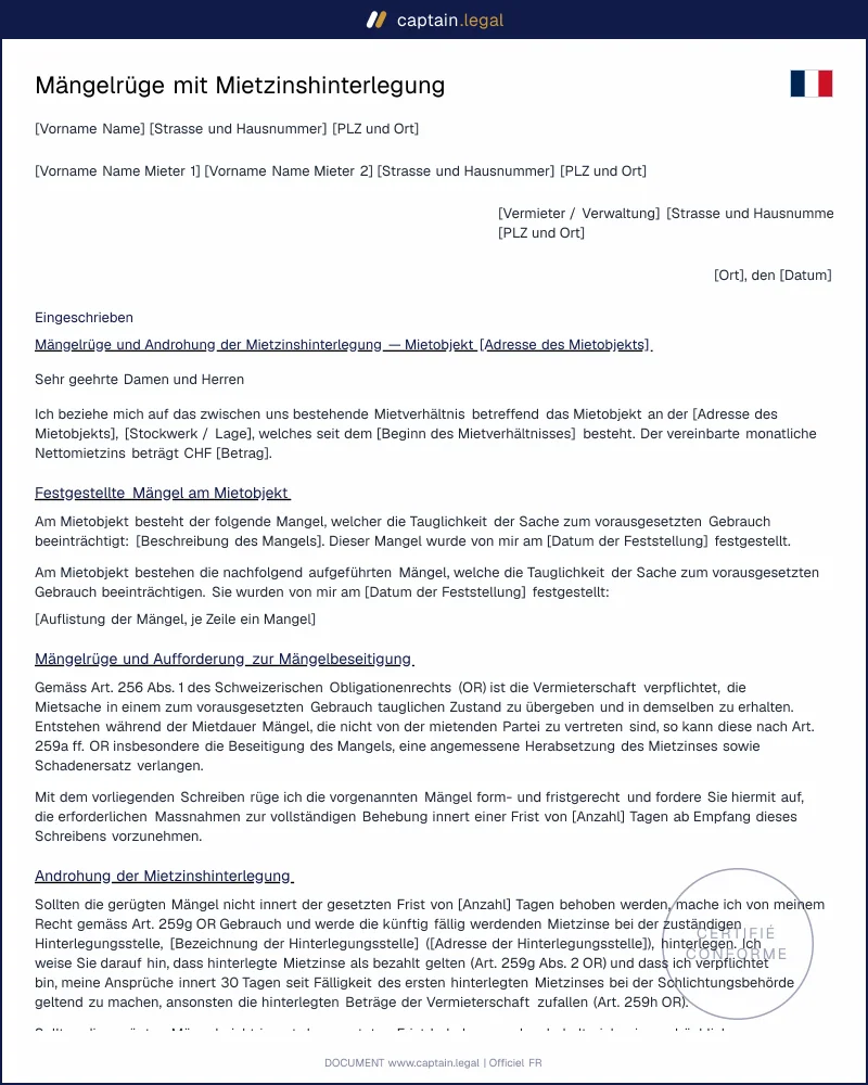 Mängelrüge an Vermieter: Vorlage mit Fristsetzung