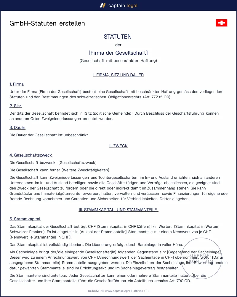 GmbH gründen: Statuten-Vorlage Schweiz nach OR