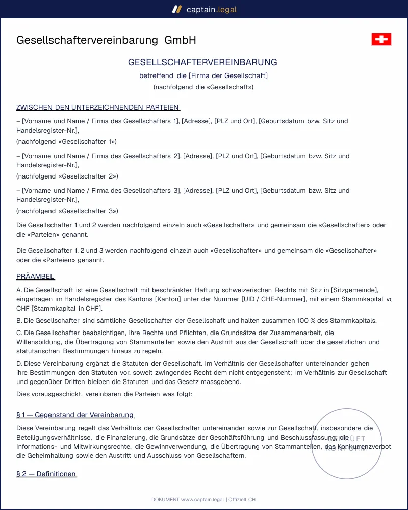 Gesellschaftervereinbarung GmbH Schweiz: Muster & Klauseln