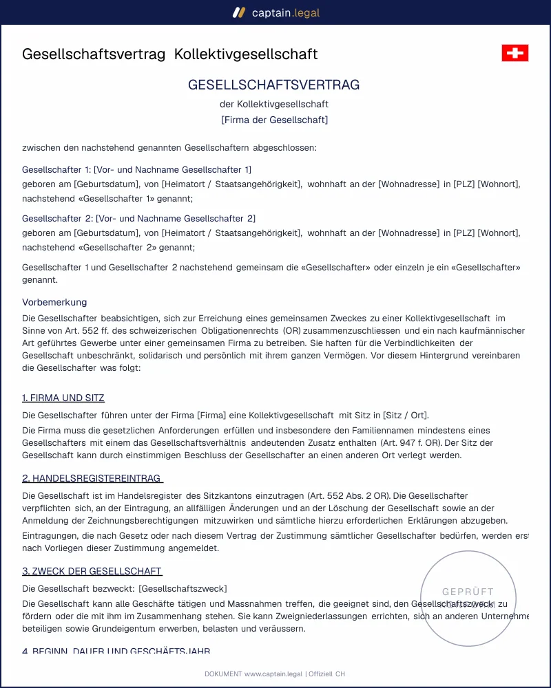 Gesellschaftsvertrag Kollektivgesellschaft erstellen | Muster PDF/Word