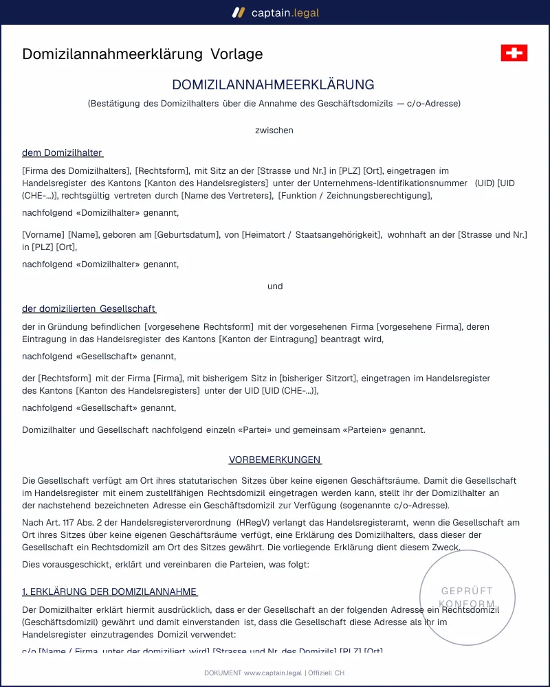 Domizilannahmeerklärung Vorlage | c/o-Adresse fürs Handelsregister