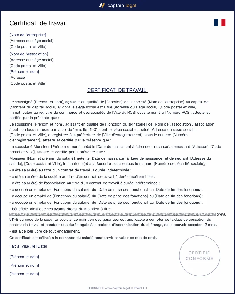 Modèle de certificat de travail