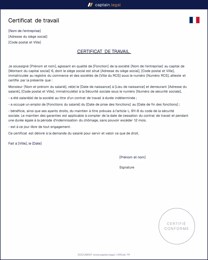 Modèle de certificat de travail