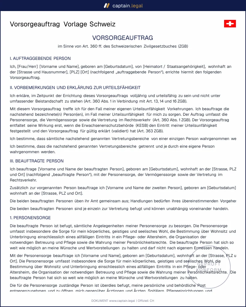 Vorsorgeauftrag erstellen | Vorlage Schweiz (PDF/Word)